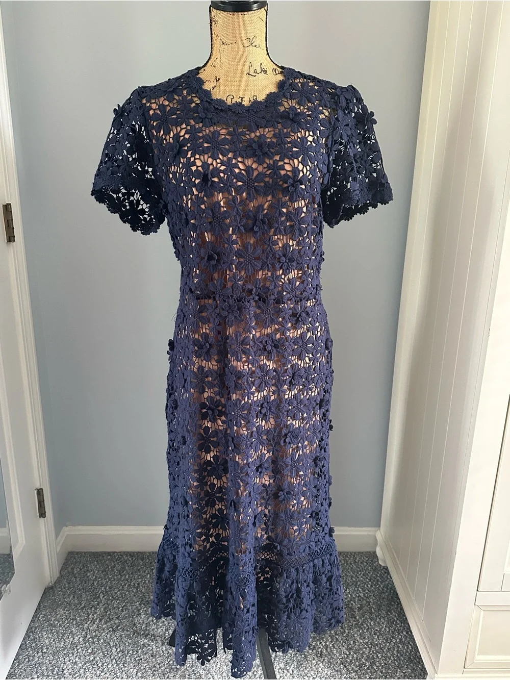 Michael Kors Navy Crochet Floral Midi Dress